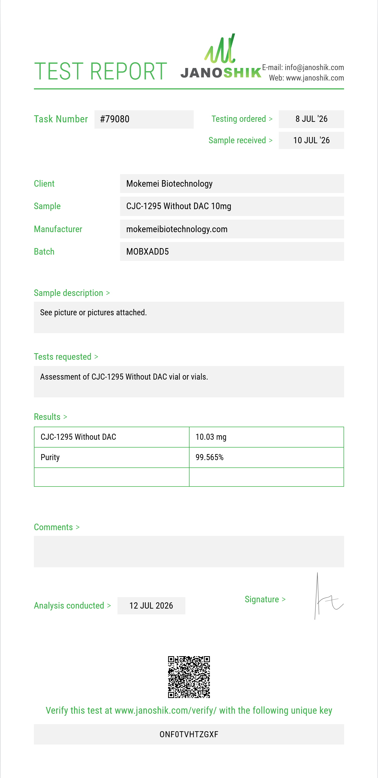 CJC-1295 Without DAC Purity (HPLC) report by Janoshik Analytical