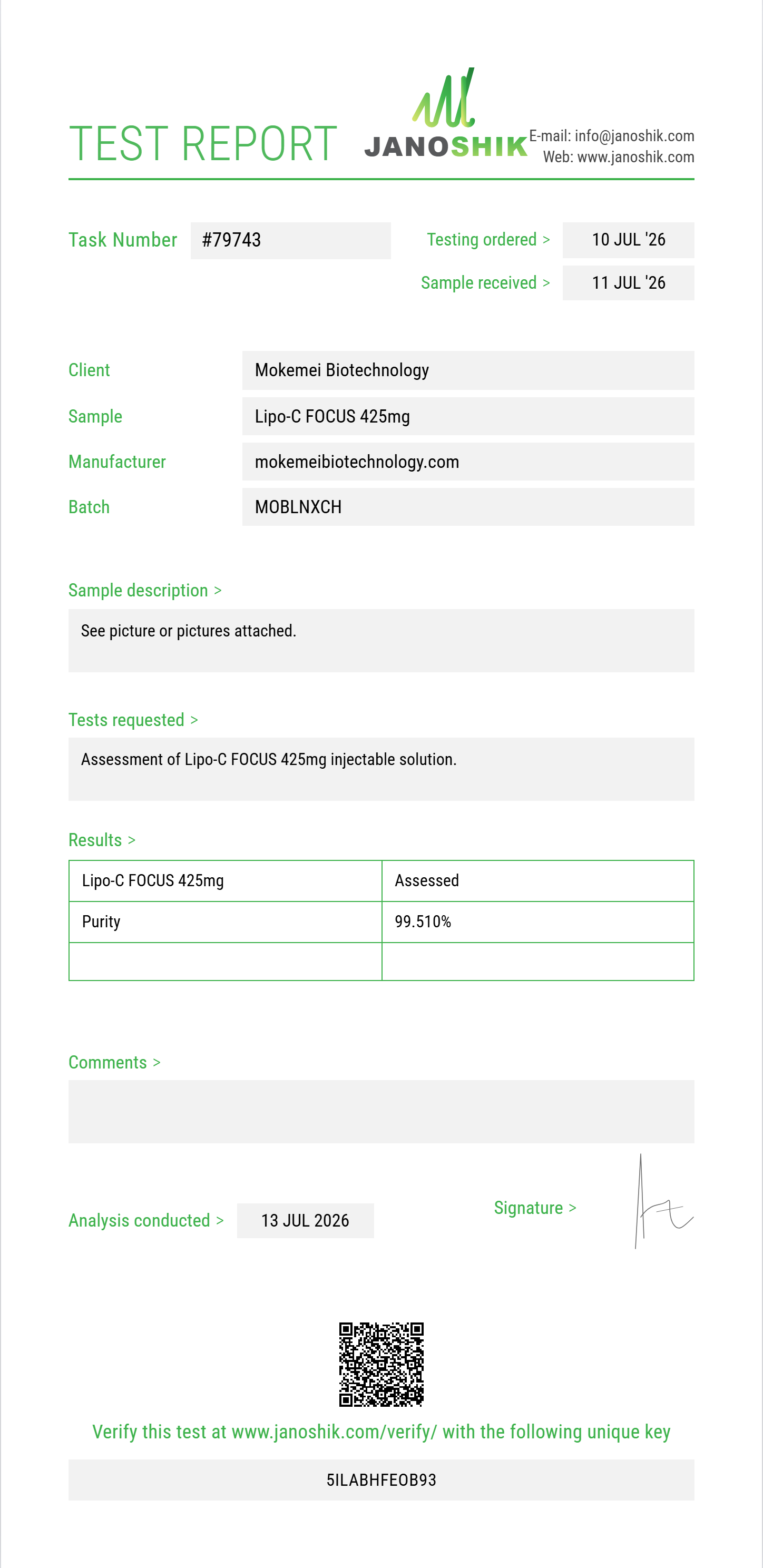 Lipo-C FOCUS 425mg Purity (HPLC) report by Janoshik Analytical