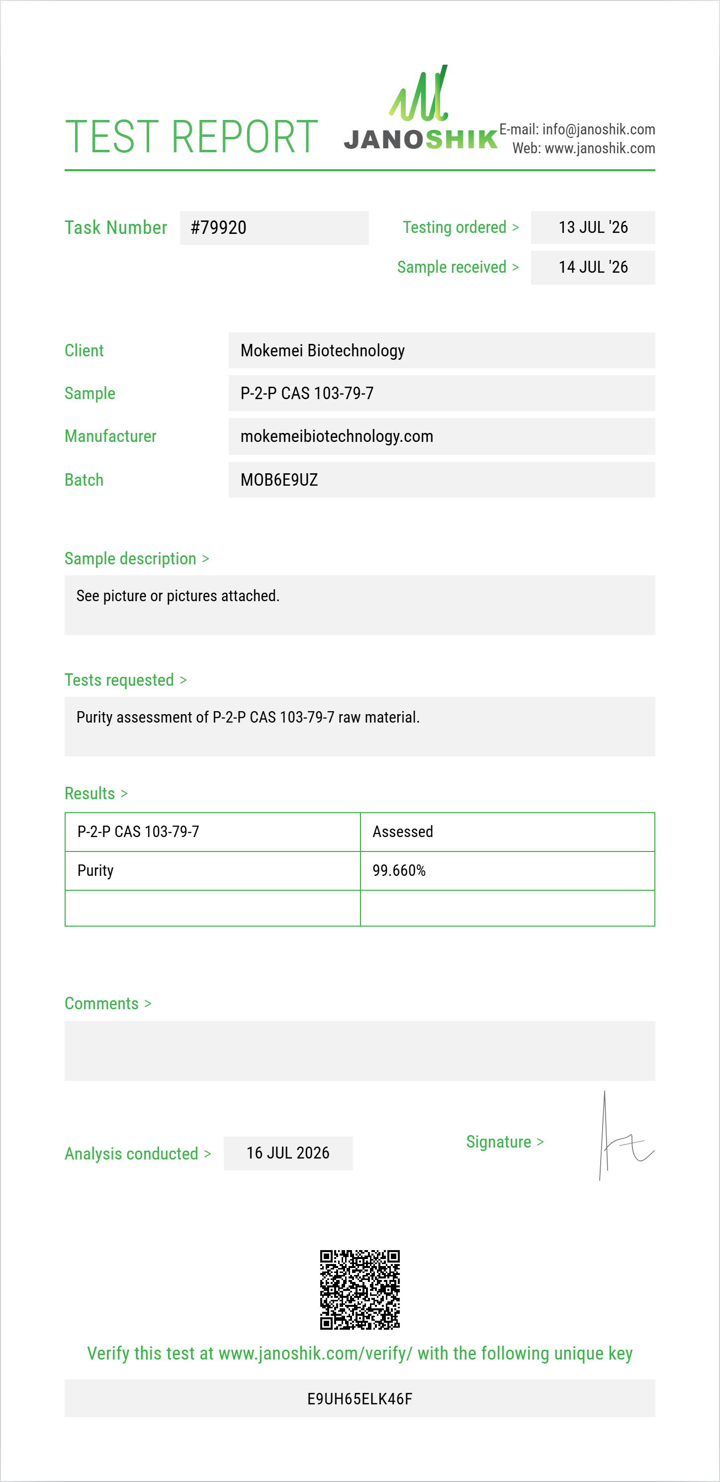 P-2-P (phenyl-2-propanone / BMK) CAS 103-79-7 Purity (HPLC) report by Janoshik Analytical